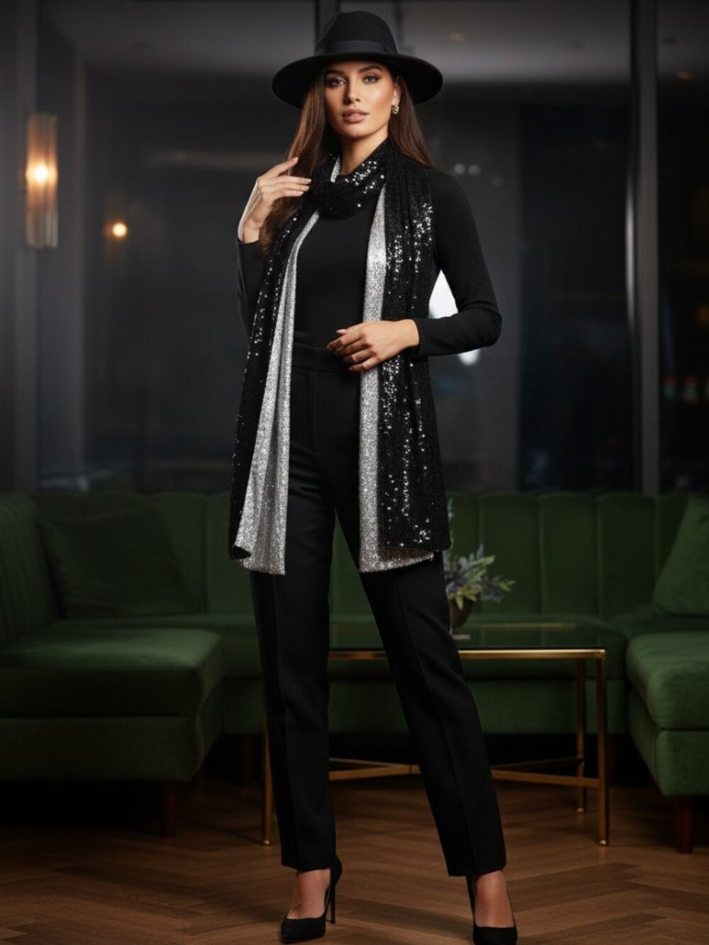 ILana Wolf Two Tone Black/Silver Sequin 76" Designer Evening Wrap/Long Scarf